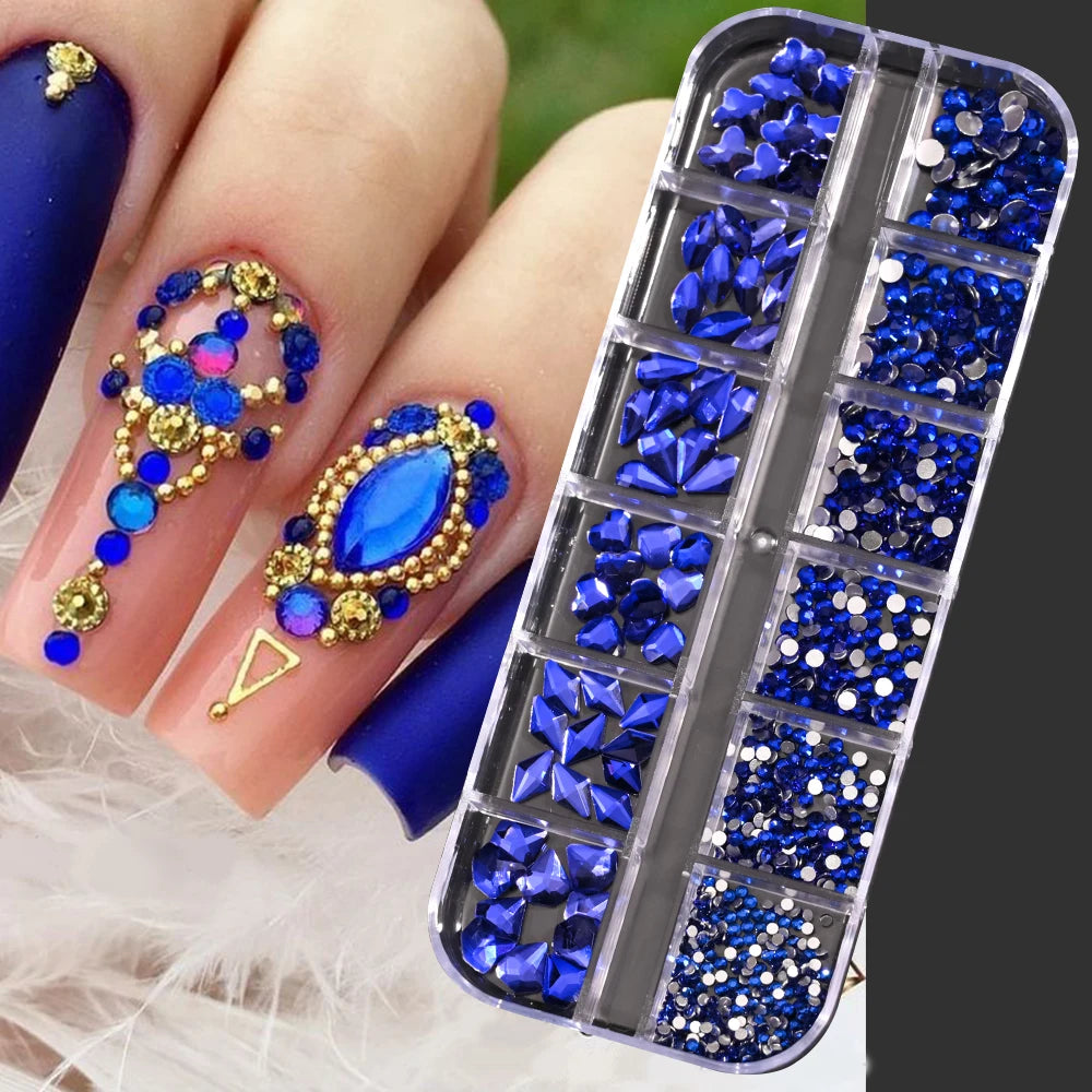 12Grids Pink Mixed Nail Rhinestones Luxury Nail Charms Glitter Crystal Jewelry Gems Nail Art Decoration DIY Manicure Rhinestones