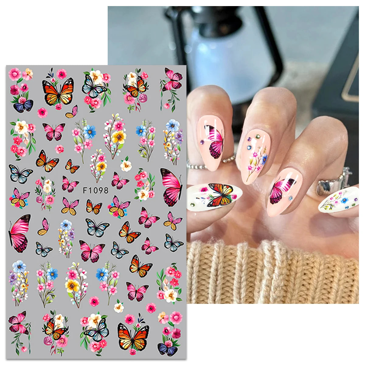 Spring and summer flower butterfly nail stickers, easy to apply for nail decoration DIY, gifts, party and wedding makeup styling