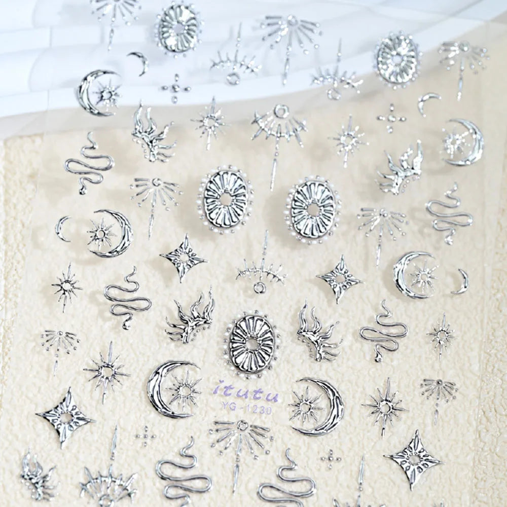 Gold Silver Snake Stars Nail Stickers for Nail Decoation Decals 5D Self-Adhesive Bronzing Stars Moon Totem DIY Supplies Slider