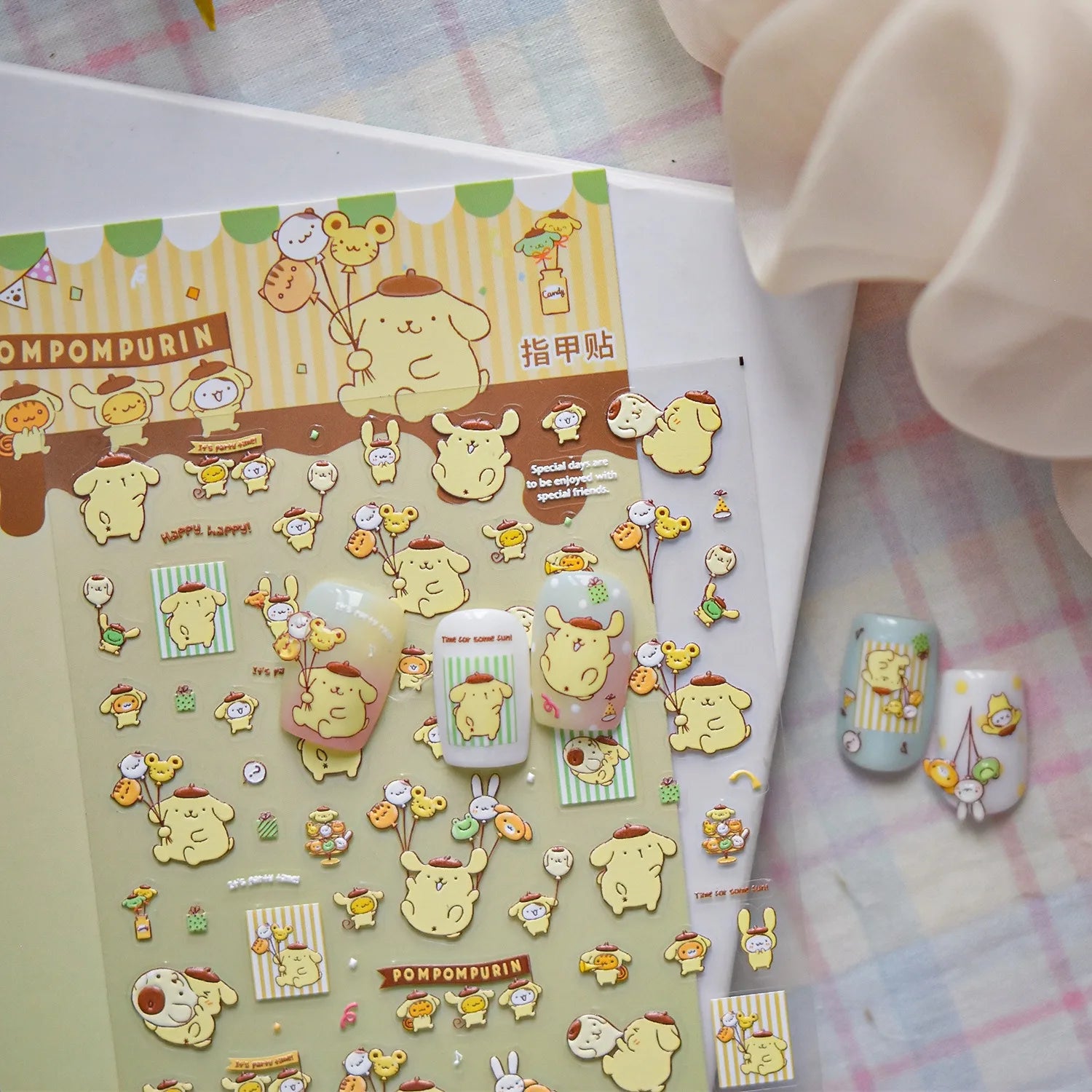 1PCS New Sanrio Family Cartoon 5D Embossed Nail Sticker Cute Hello Kitty Kuromi Pom Pom Purin Decal Nail Decoration