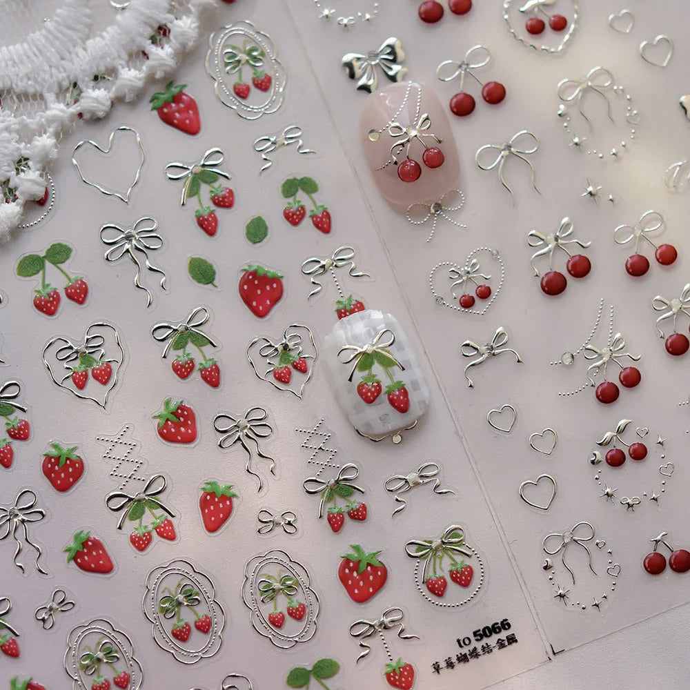 Strawberry Nail Art Stickers 5D Gold Silver Embossed Strawberry Jelly Nail Decals Sticker Bow Heart Shape Adhesive Sliders