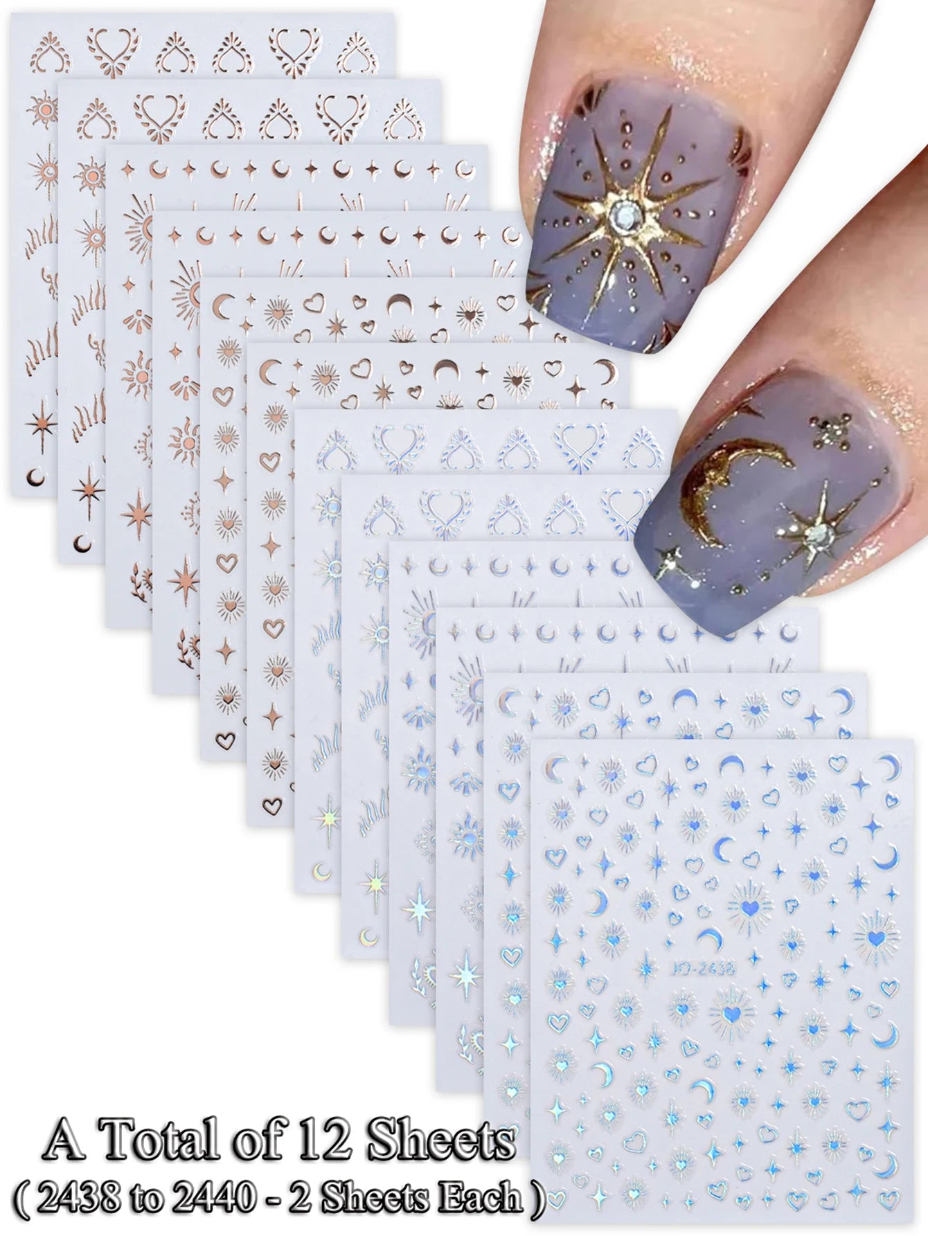 6/12 Sheets Gold & Silver Star, Moon & Heart Nail Stickers, Self-Adhesive 3D Nail Art Decals for DIY Manicure Decoration