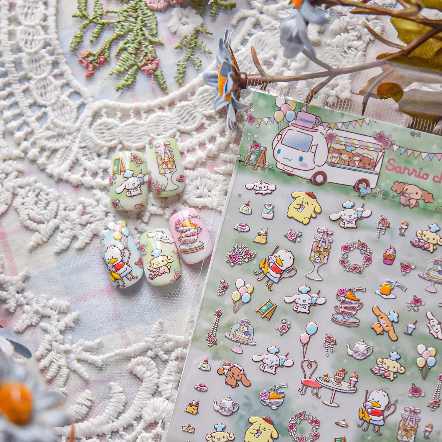 1PCS New Sanrio Family Cartoon 5D Embossed Nail Sticker Cute Hello Kitty Kuromi Pom Pom Purin Decal Nail Decoration