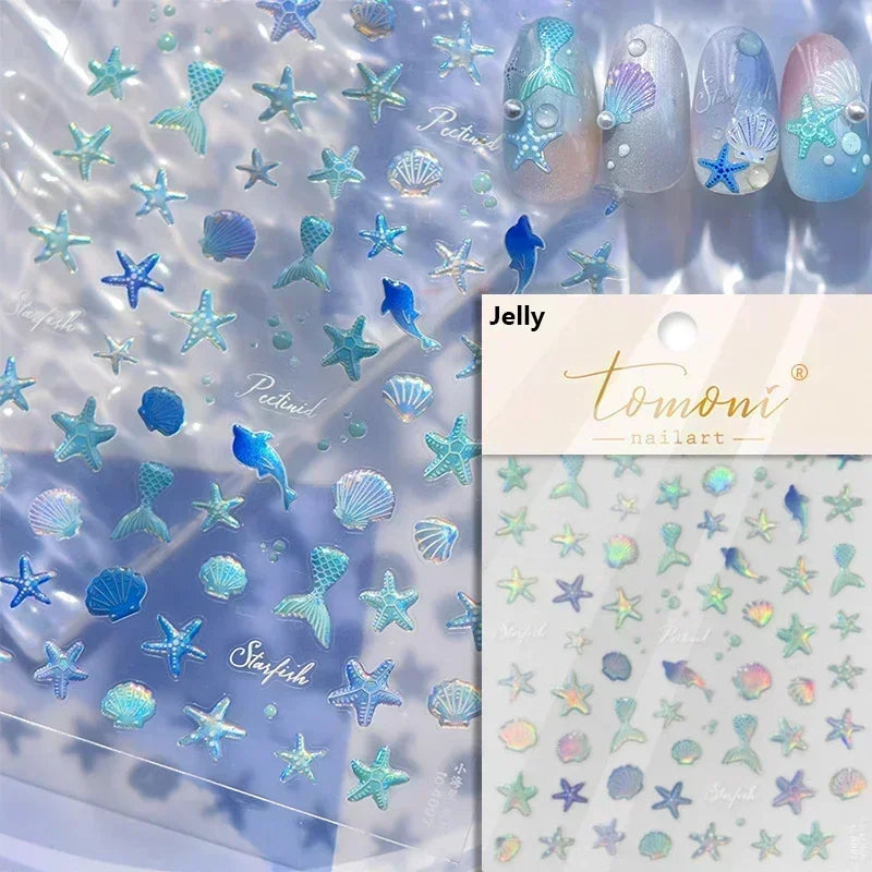 Sea Wave Jellyfish Starfish Conch Shell Dolphin Pearl Summer Beach Goldfish Water Bubble Mermaid Koi INS Nail Art Stickers Decal