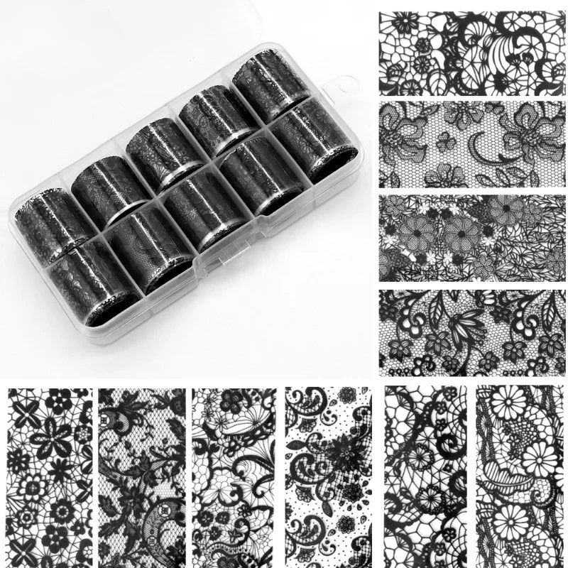 10 Rolls/Box White Black Nail Transfer Sticker Lace Nail Art Foils Set Paper DIY Manicure Nail Decoration Accessories
