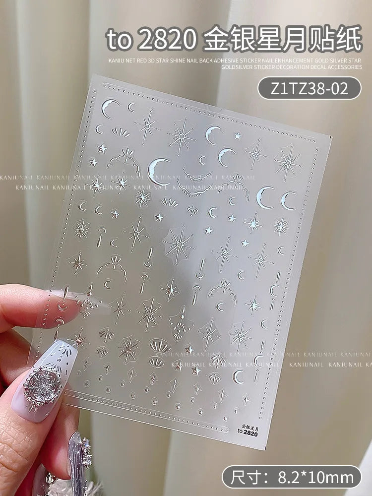 3D Gold/ Silver Star/Sun/Moon Bronzing Nail Art Sticker Laser Star Moon Styles Nail Decal Gold Silver Self-Adhesive Slider 1Pcs