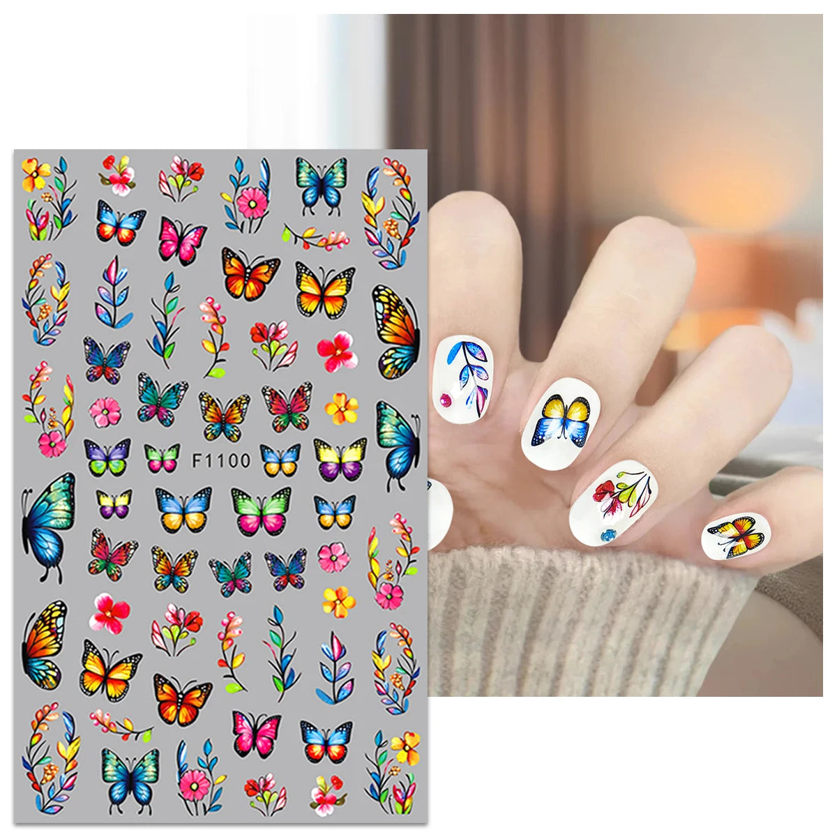 Spring and summer flower butterfly nail stickers, easy to apply for nail decoration DIY, gifts, party and wedding makeup styling