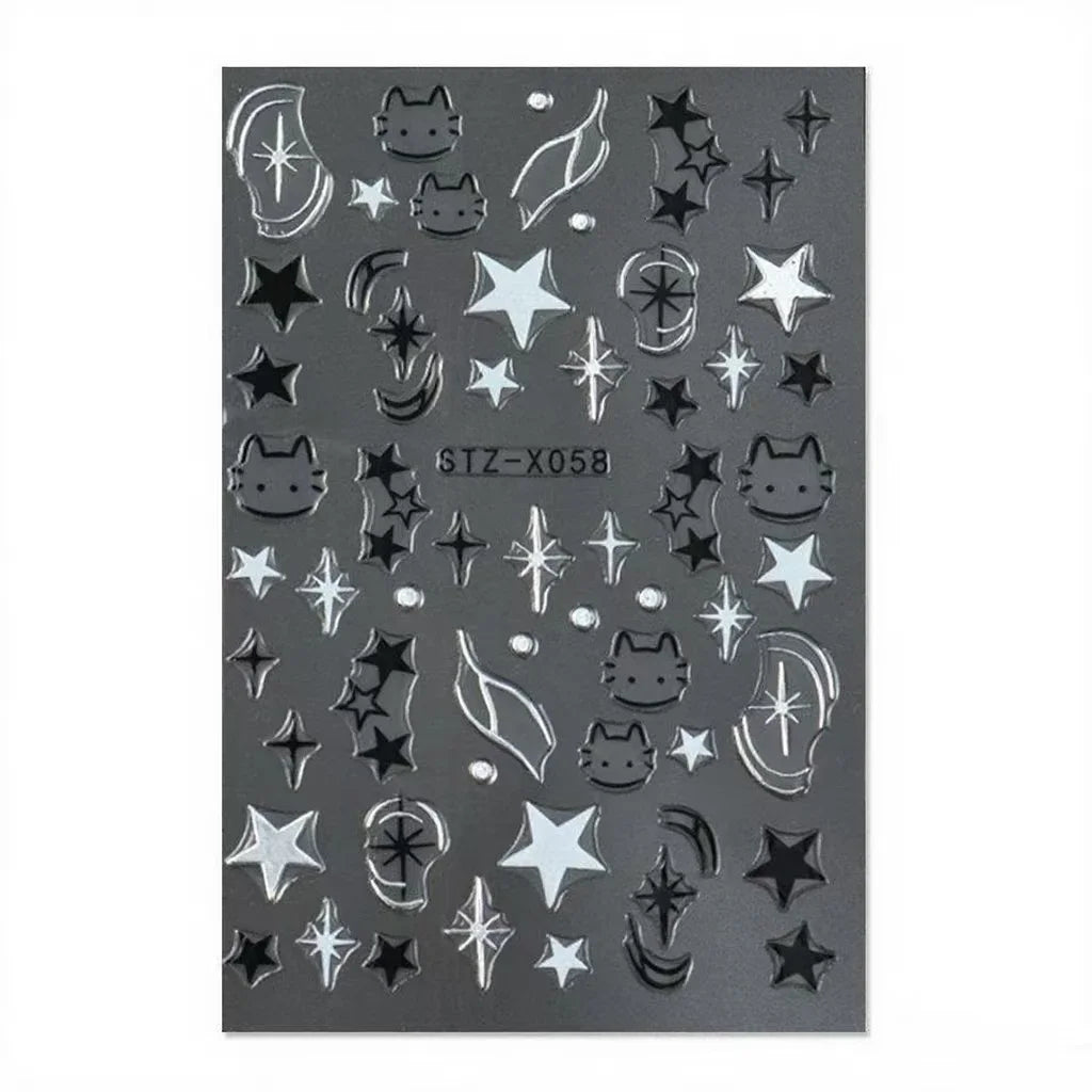 Black Silver Cat Animals Nail Sticker Decals Y2K Charms Cute Dog Cartoon Adhesive Sliders Foils For Manicure Nail Art Decoration