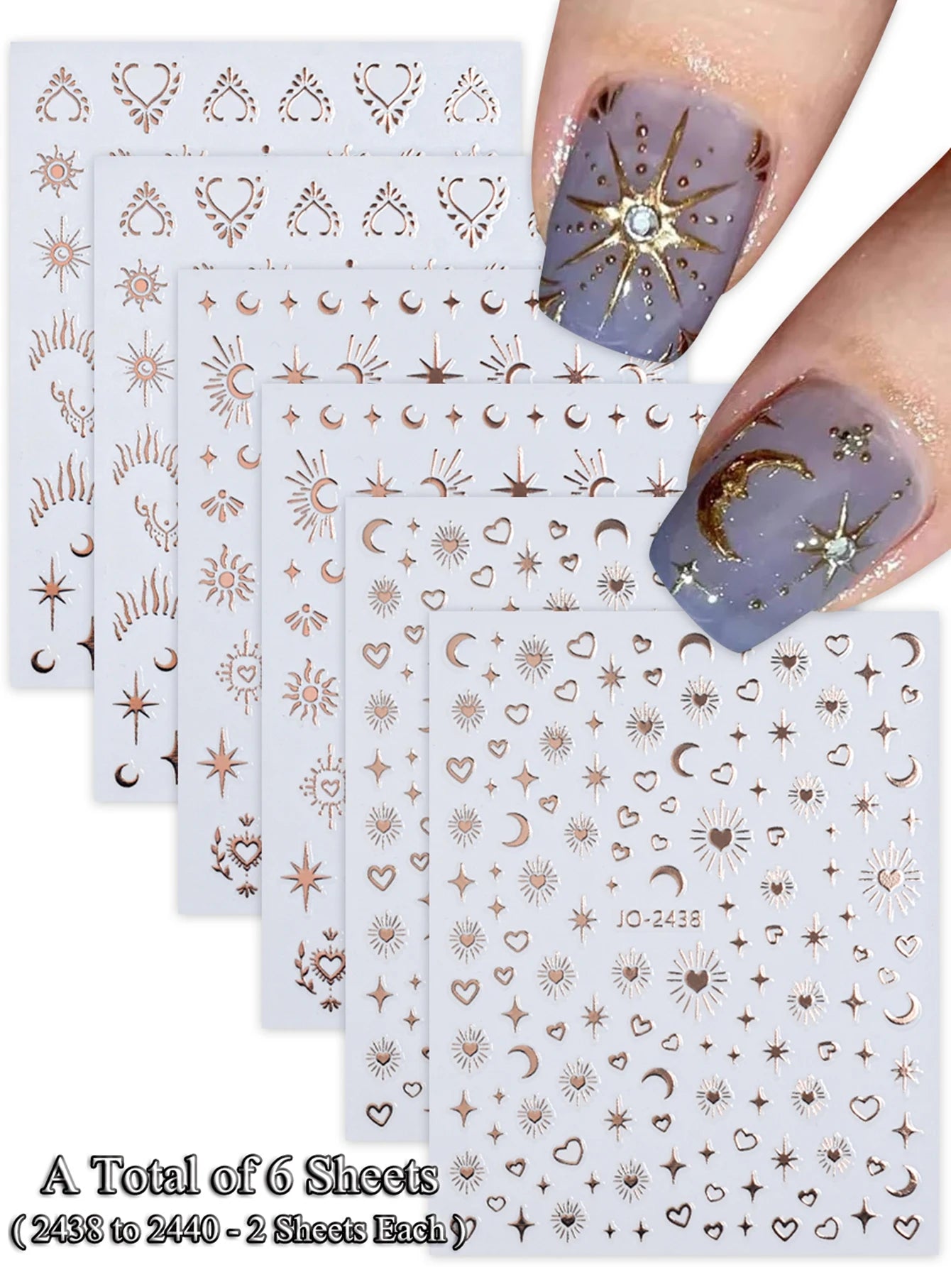 6/12 Sheets Gold & Silver Star, Moon & Heart Nail Stickers, Self-Adhesive 3D Nail Art Decals for DIY Manicure Decoration