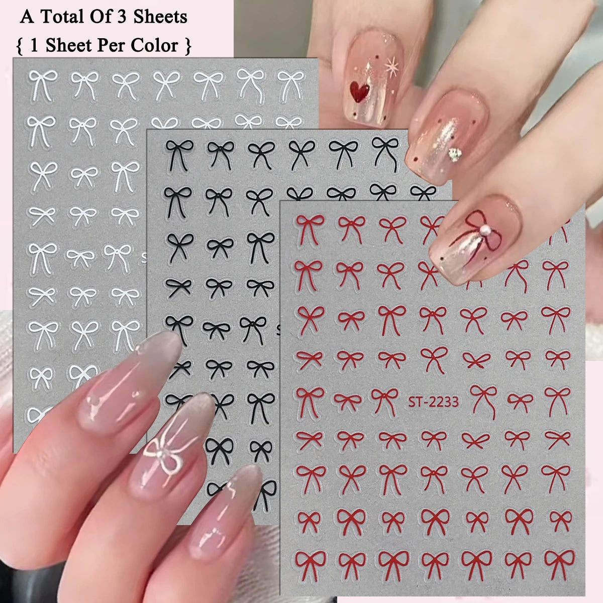 2 to 30 Sheets 3D Bow Nail Art Stickers, Mini Ribbon Outline Decals, Transparent Self-Adhesive Cute Design for DIY Manicure