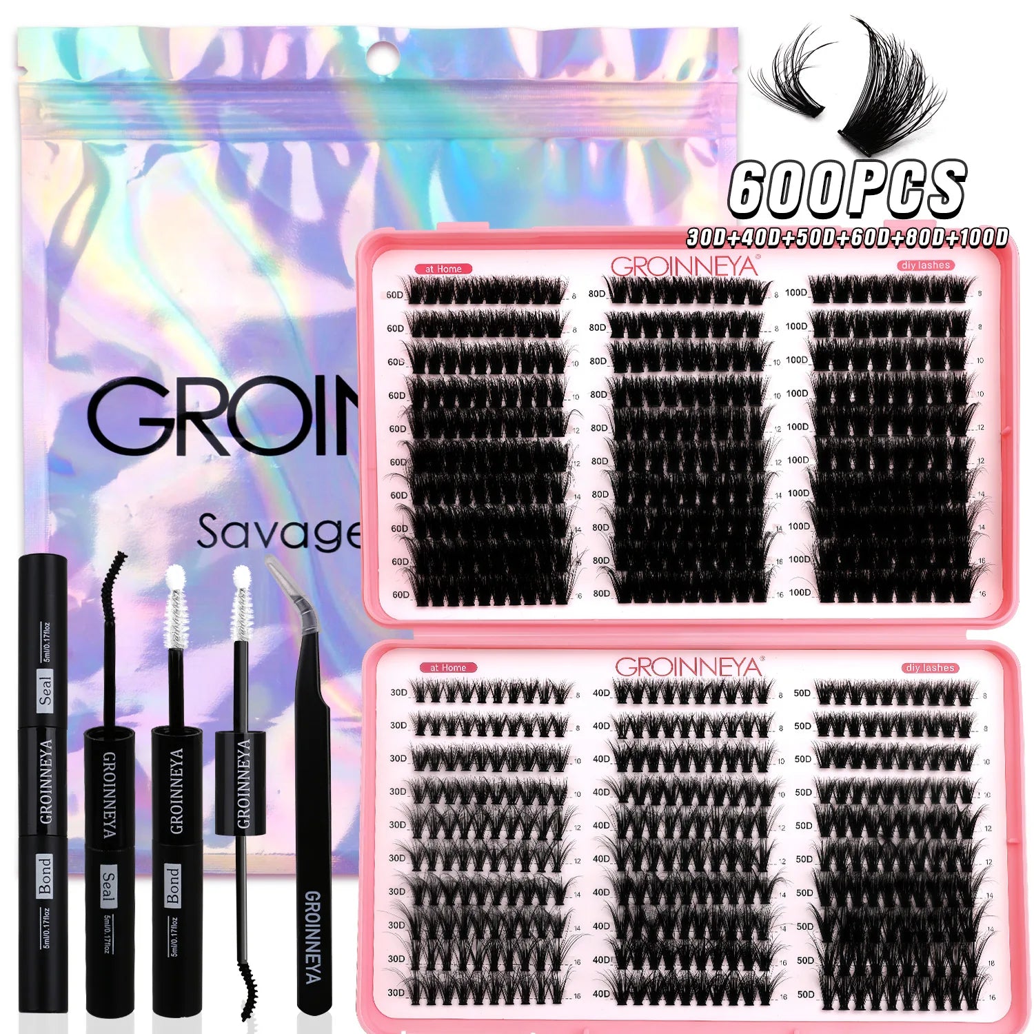 GROINNEYA DIY Lash Clusters Kit Mixed Tray Eyelash Extension Full Set Individual Lashes with Lash Bond&Seal and Tweezers Tool