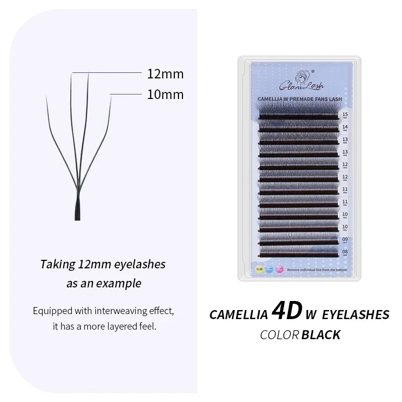 GLAMLASH Camellia 4D 5D W Shaped Eyelash C D L LU M Lashes Extensions Wholesales Premade Volume 12 Rows W Style Natural Soft