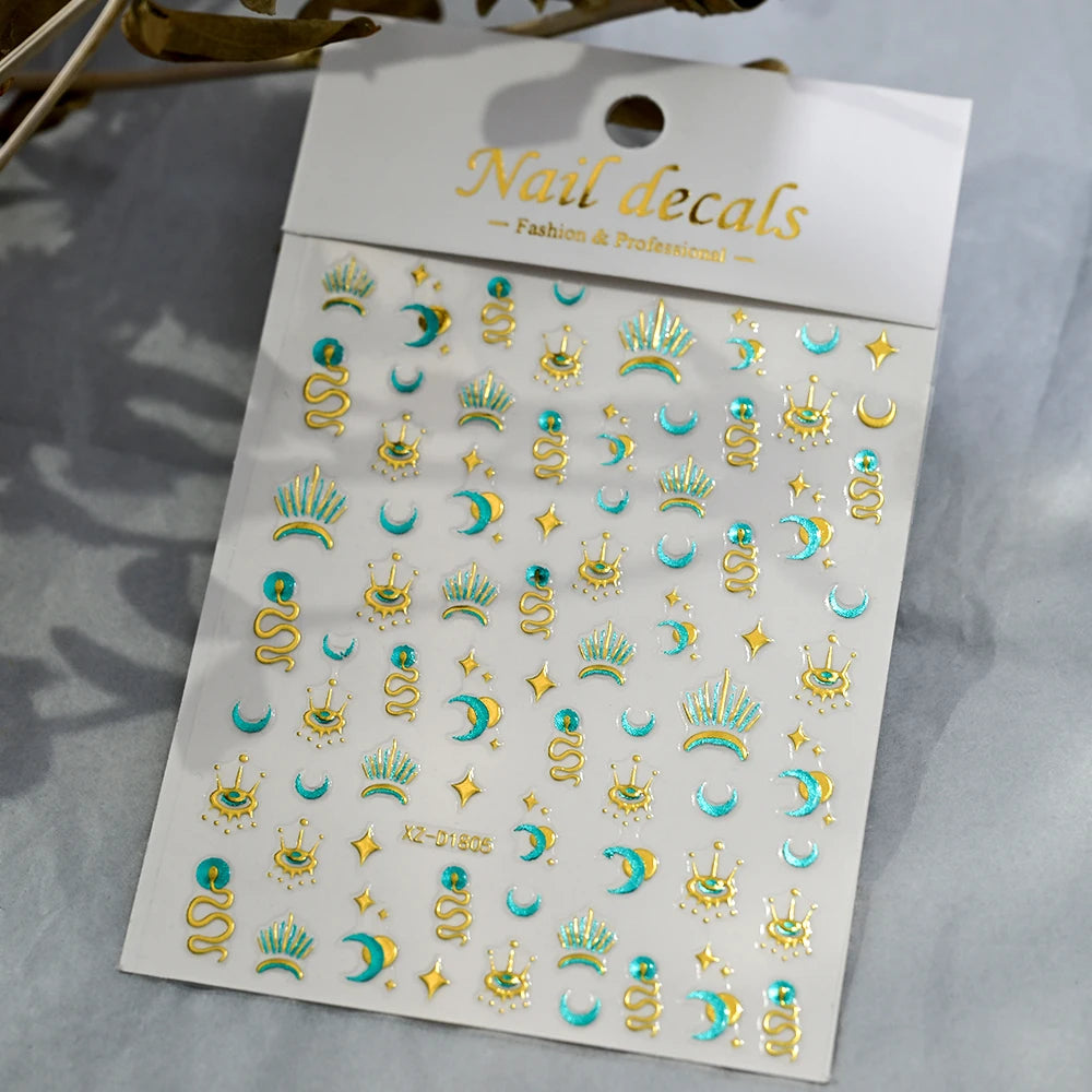 1pcs 3D Bronzing Gold Love Heart Nail Art Stickers Y2K Holographic Stars Sun Starlight DIY Nail Decals Heart Manicure Decoration