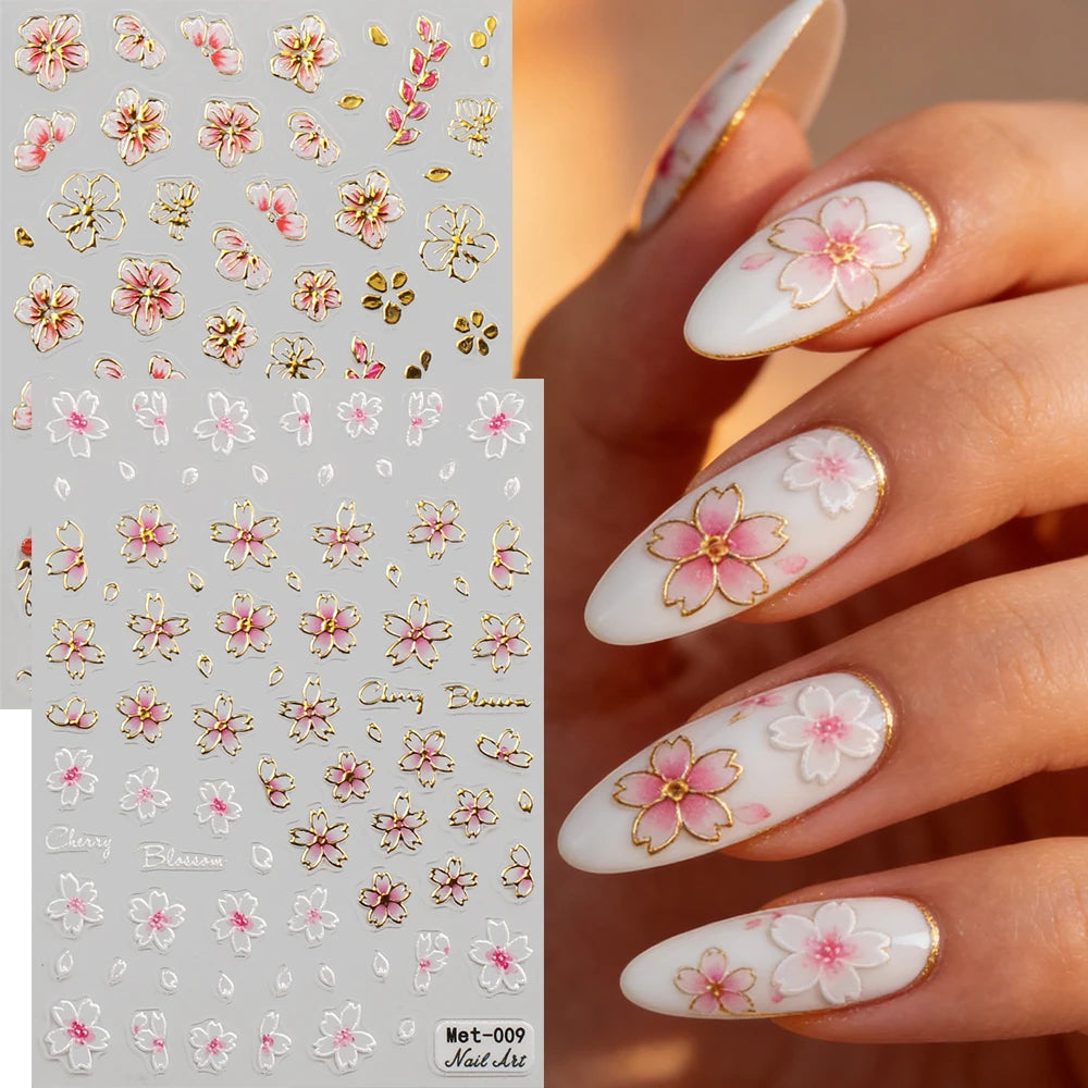 1-2pcs Gold Line Cherry Blossom 3D Nail Art Stickers Spring Peach Flowers Daisy Flowers Gold Leaves Nail Decals For DIY Manicure