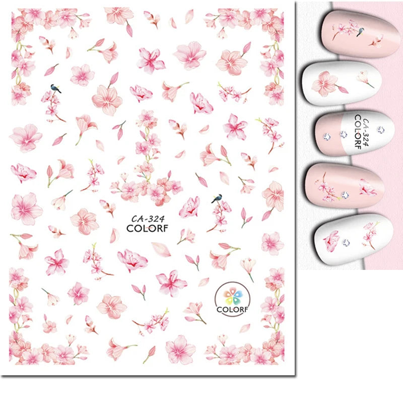 3d Nail Art Decals Watercolor Florals Purple Green Pink Flowers Leafs Fruit Adhesive Sliders Nail Stickers For Manicure