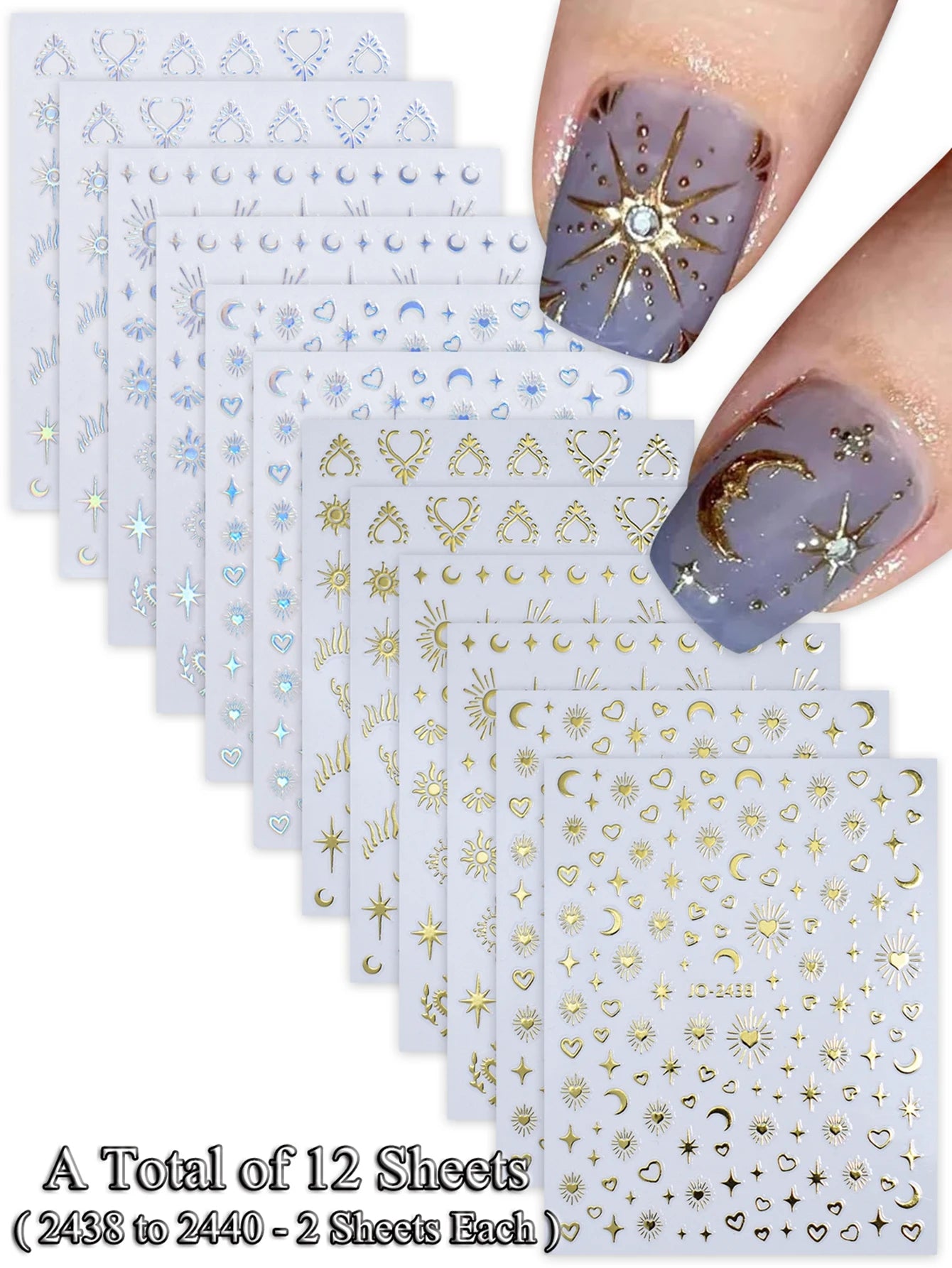 6/12 Sheets Gold & Silver Star, Moon & Heart Nail Stickers, Self-Adhesive 3D Nail Art Decals for DIY Manicure Decoration