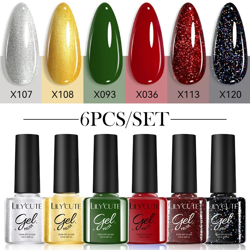 LILYCUTE 6PCs/Set Gel Nail Polish Set Kit Glitter Nail Gel Sequin Vernis Semi Permanent For Manicure Varnish UV LED Nail Art Gel