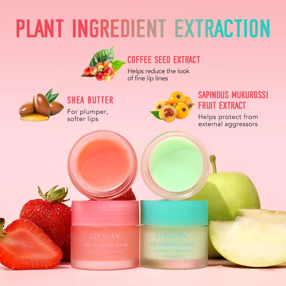 LIYALAN Lip Sleeping Mask Night Lips Care Collagen Moisturizer Smooth Dryness Nourishing Lip Line Cream Fruit Pink Lip Balm 25g