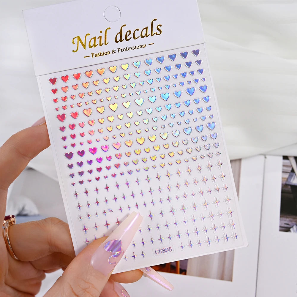 1pcs 3D Bronzing Gold Love Heart Nail Art Stickers Y2K Holographic Stars Sun Starlight DIY Nail Decals Heart Manicure Decoration