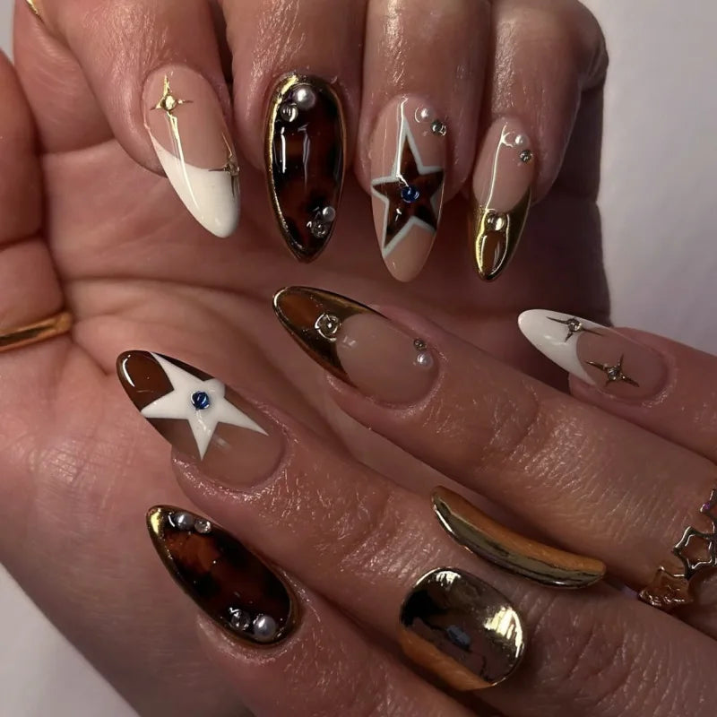 24Pcs Black Y2k Long False Nails with Almond Head Design Cat's Eye Silver Stripe Pattern Press on Fake Nails Wearable Nail Tips