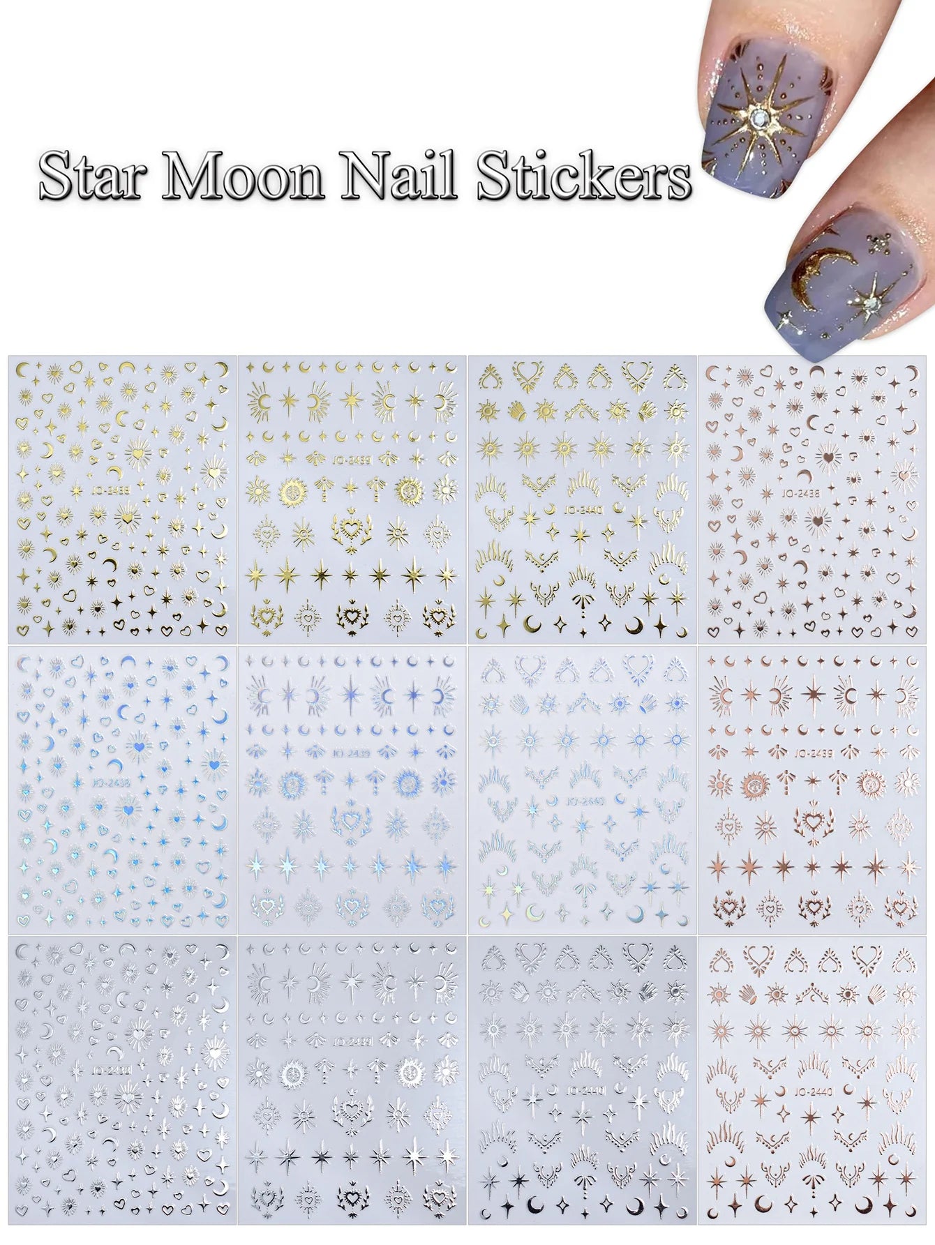 6/12 Sheets Gold & Silver Star, Moon & Heart Nail Stickers, Self-Adhesive 3D Nail Art Decals for DIY Manicure Decoration