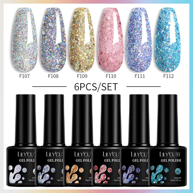 LILYCUTE 6PCs/Set Gel Nail Polish Set Kit Glitter Nail Gel Sequin Vernis Semi Permanent For Manicure Varnish UV LED Nail Art Gel