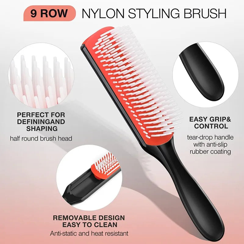 9-Row Denman Detangler Hairbrush for Scalp Massaging Wet Comb Use - Salon Quality Hair Brush for Straight Curly Hair - Unisex