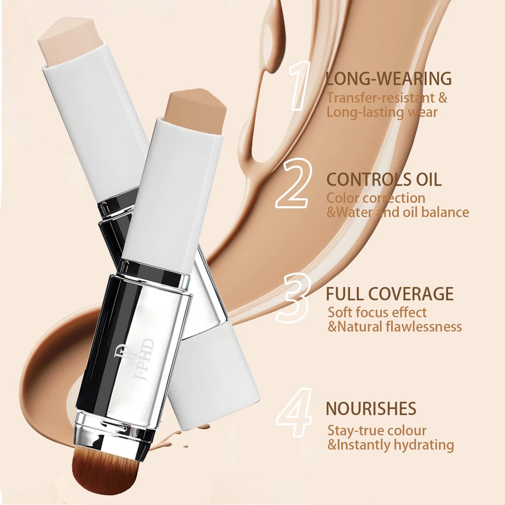 Two-in-one Brush Head Foundation Stick, Lightweight and Smooth, Long-lasting Coverage, Creating A Perfect Makeup Effect
