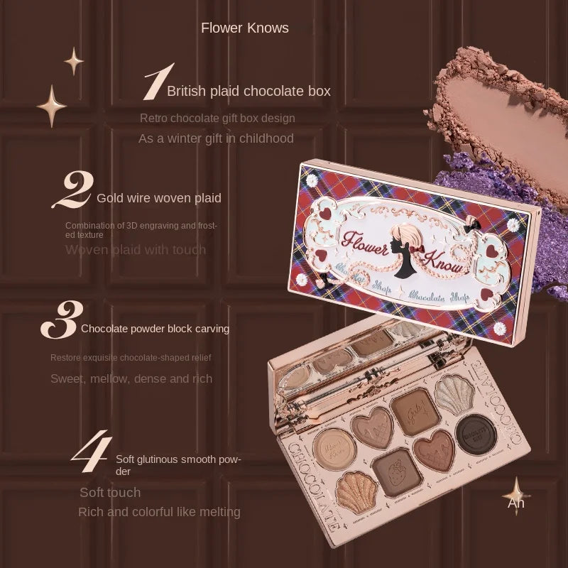 Flower Knows Chocolate Shop Highly Pigmented Eyeshadow Palette Shimmer Matte Glitter Long Lasting Vegan Eye Shadows Cruelty-free