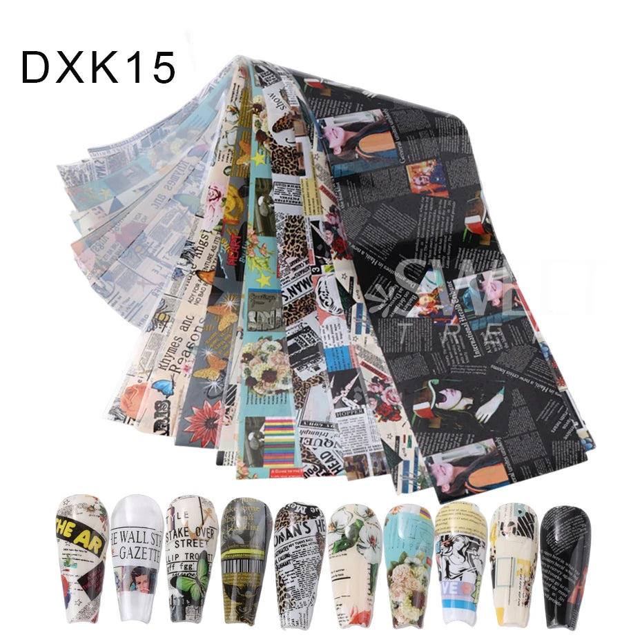 10PCS Plaid Nail Art Foil Transfer Paper Black White Grid Animal Plaid Print Pattern Nail Sticker Manicure Decals Decorations