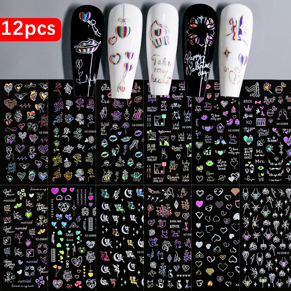 8pc 3D Mixed Color Heart Nail Stickers Valentines' Day Sweet Red Pink Love Selfadhesive Nail Decoration Decals Manicure Supplies