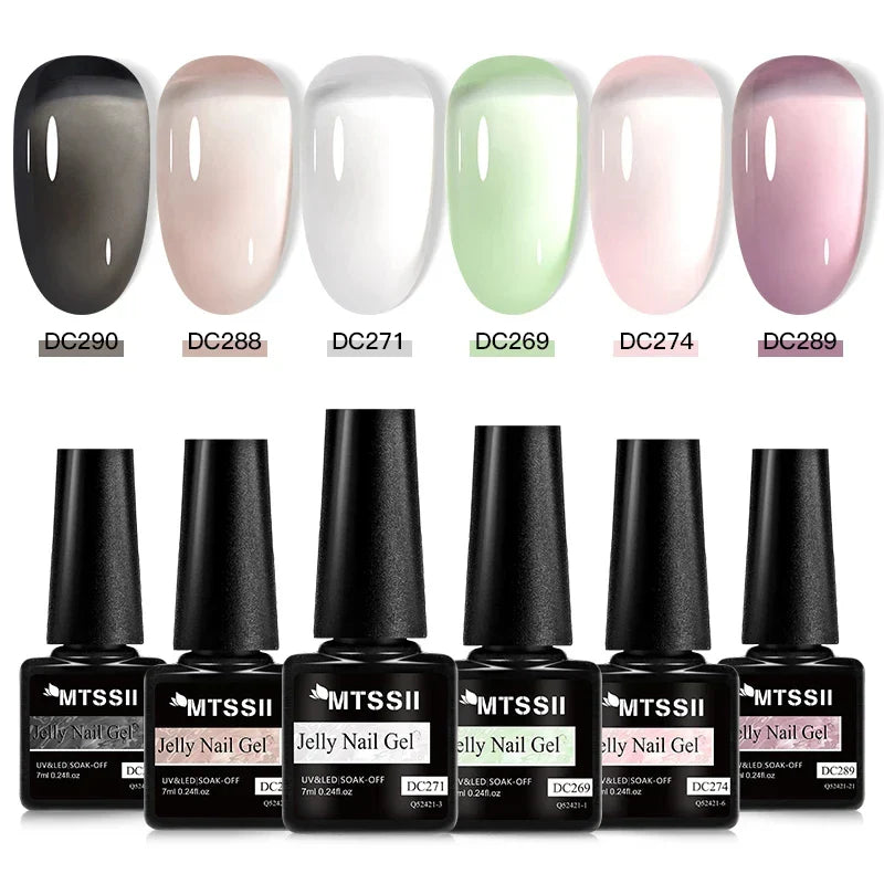MTSSII 6Pcs/Set Jelly Gel Nail Polish Jelly Transparent Pink Green Black Blue UV Gel Nail Art Varnish Kit Spring Manicure Nails