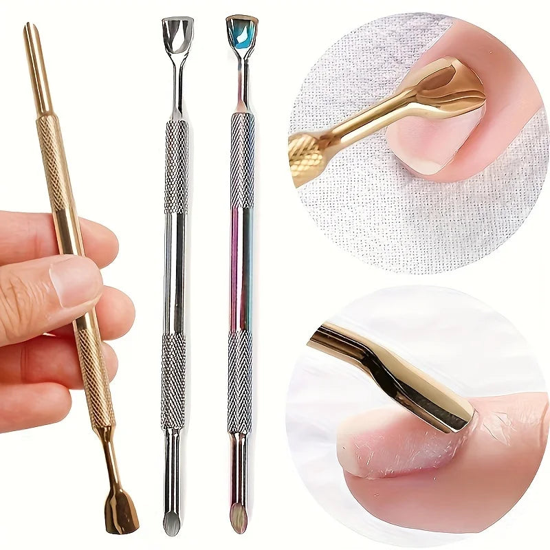 Russian-Style Double-Headed Horseshoe Steel Pusher Stainless Steel Angled Manicure Steel Pusher Pre-Treatment Tool for Removing