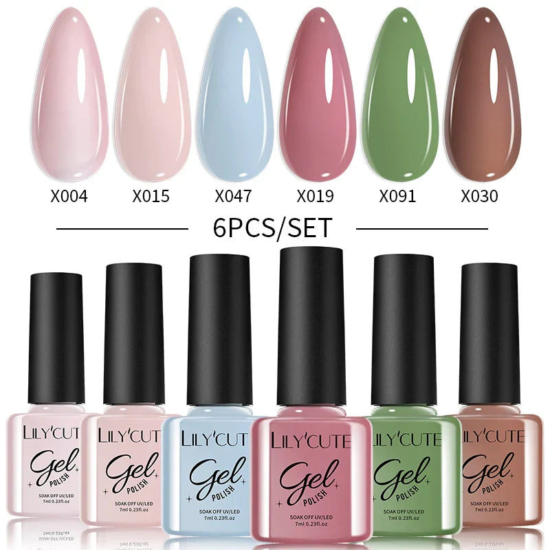 LILYCUE 6Pcs/Set Red Nude Glitter Gel Nail Polish Gorgeous Full Coverage Soak Off UV Gel Nail Art Base Top Coat Gel Polish Kits