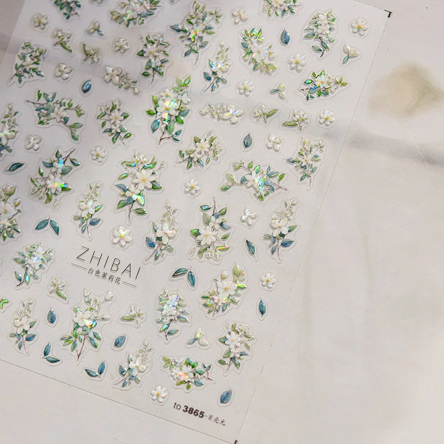 1pcs 5D Glitter Jasmine Flower Nail Stickers Kawaii Embossed Flower Self-Adhesive Nail Art Decorations Decal Manicure Tools DIY