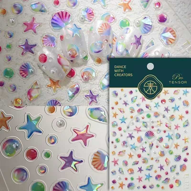 Sea Wave Jellyfish Starfish Conch Shell Dolphin Pearl Summer Beach Goldfish Water Bubble Mermaid Koi INS Nail Art Stickers Decal