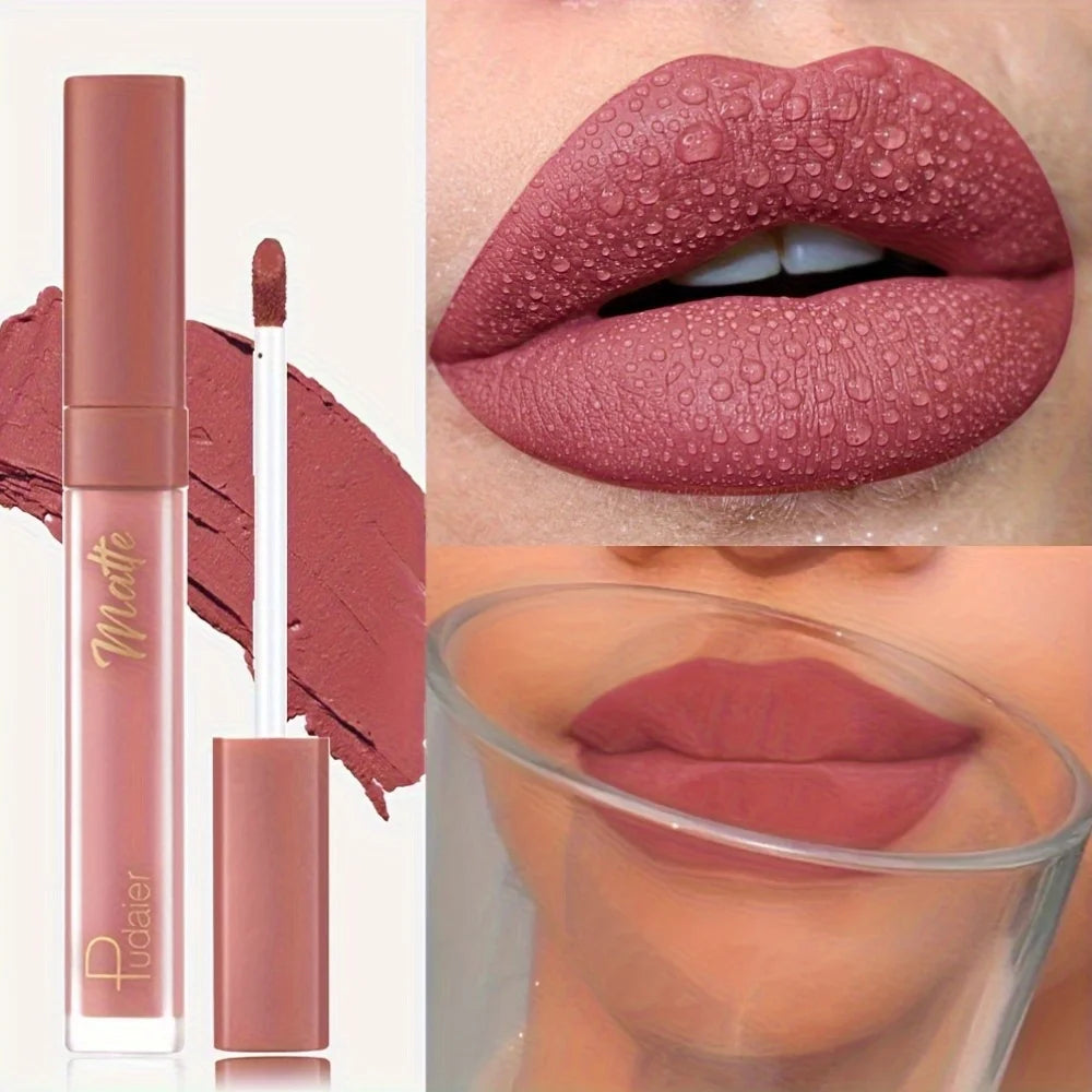 Pudaier Velvet Lip Glaze Matte Finish Deep Brown with Golden Accents Long-Lasting Waterproof Smudgeproof Lightweight Lip Stain