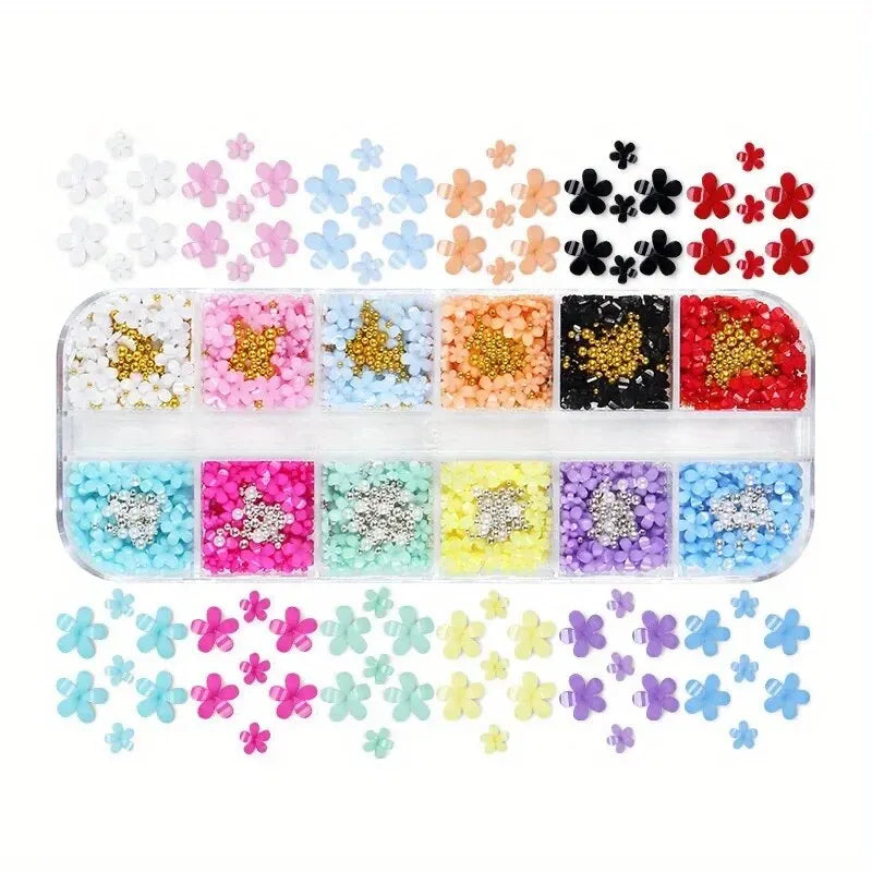 12Grids 3D Flower Nail Charms Multi-colors Acessories with Caviar Beads/Diamonds/Pearls for DIY Nail Art Decoration