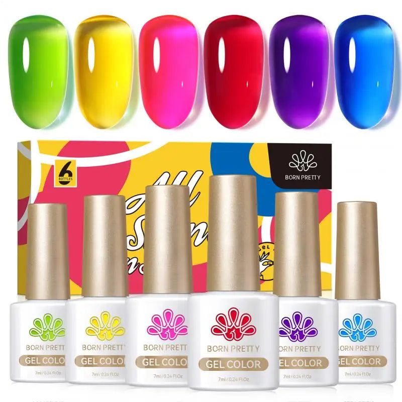 BORN PRETTY 7ml 6Pcs Soda Ice Jelly Gel Nail Polish Set Gorgeous Color Full Coverage Semi Permanent Varnish Soak Off UV Gel