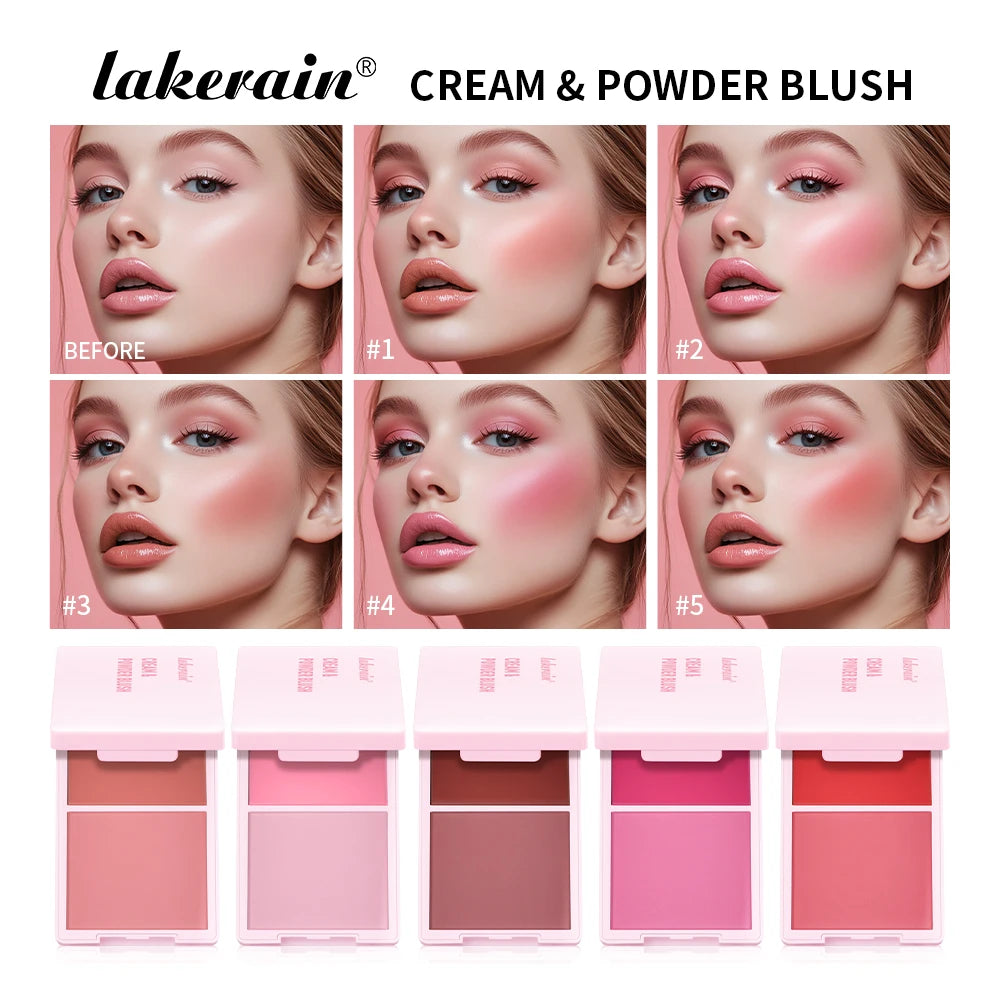 5Colors Cream & Powder Blush Matte Dewy Rosy Blush Makeup Pan Long-lasting Wearing High Pigment Natural Matte Blush Cosmtics