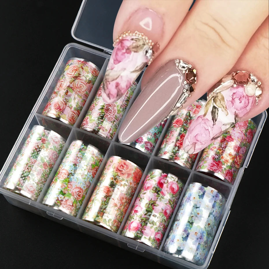 10 Rolls Rose Flower Nail Foil Transfer Sticker Colorful Rose Lace Elegant Design Floral for Spring Wedding DIY Nail Decoration