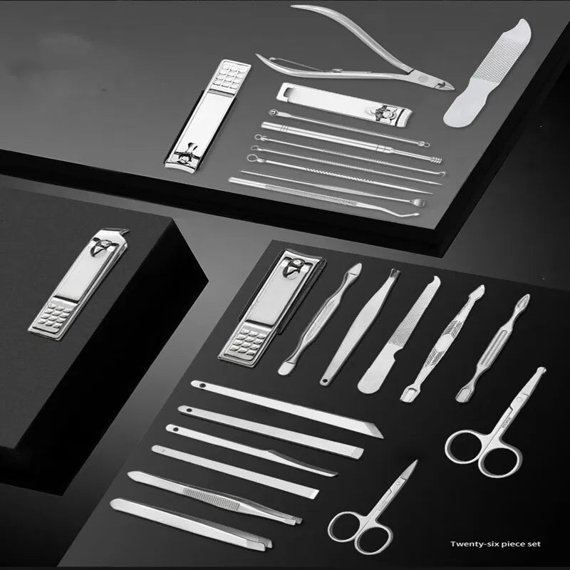 11-26 Pcs Manicure Set Stainless Steel Nail Clippers Cuticle Nipper Pedicure Care Tool Dead Skin Scissor Cleaning Grooming Kit