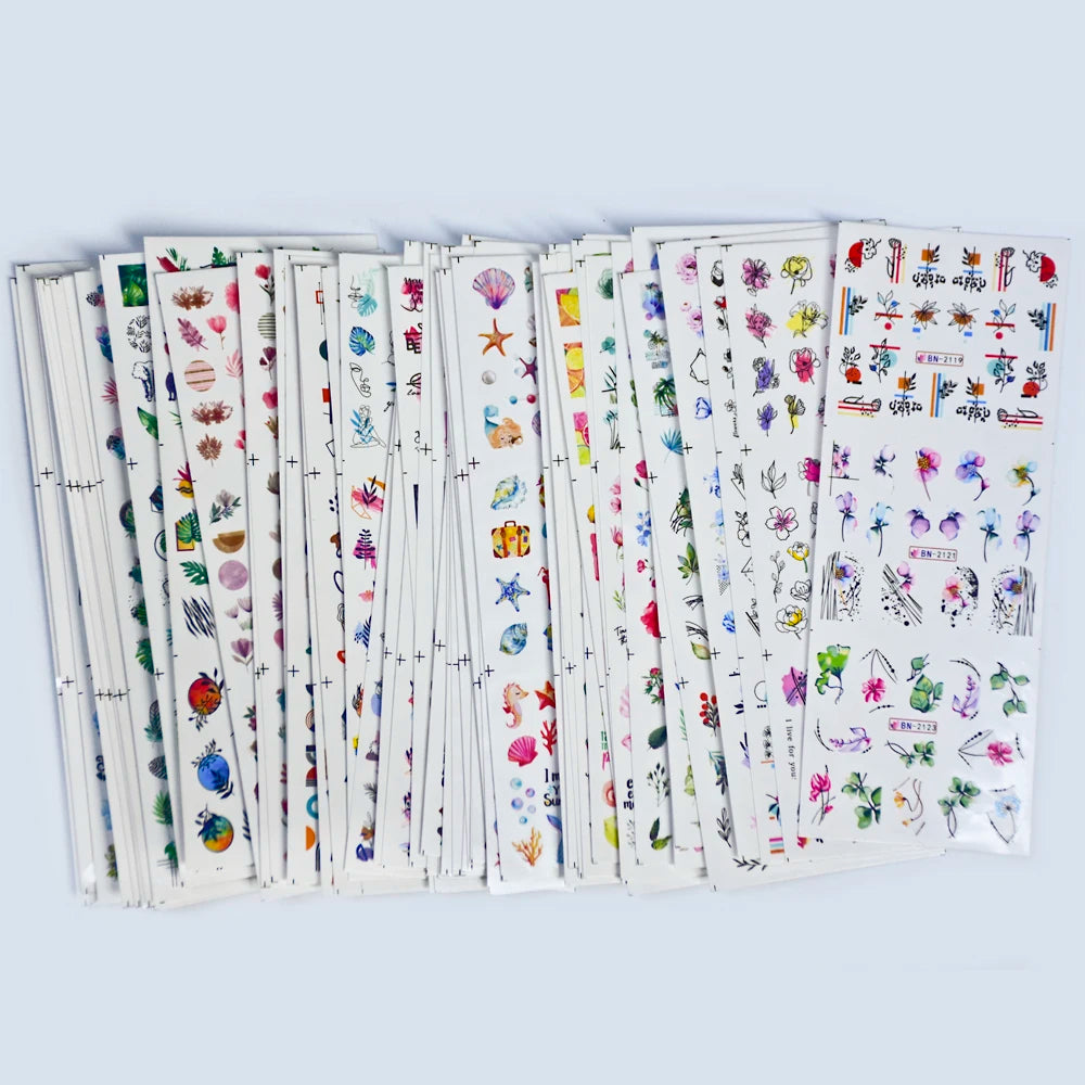 Nail Water Decals Geometric Color Block Line Leaf Flowers Nail Slider Stickers Summer Fruit For Manicure Nail Watermarks Decor