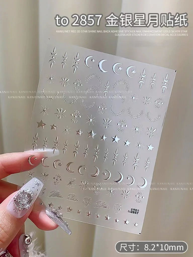 3D Gold Silver Star Nail Art Stickers Black White Crescent Moon Decals Self Adhesive Slider Polish Stickers Manicure Decoration