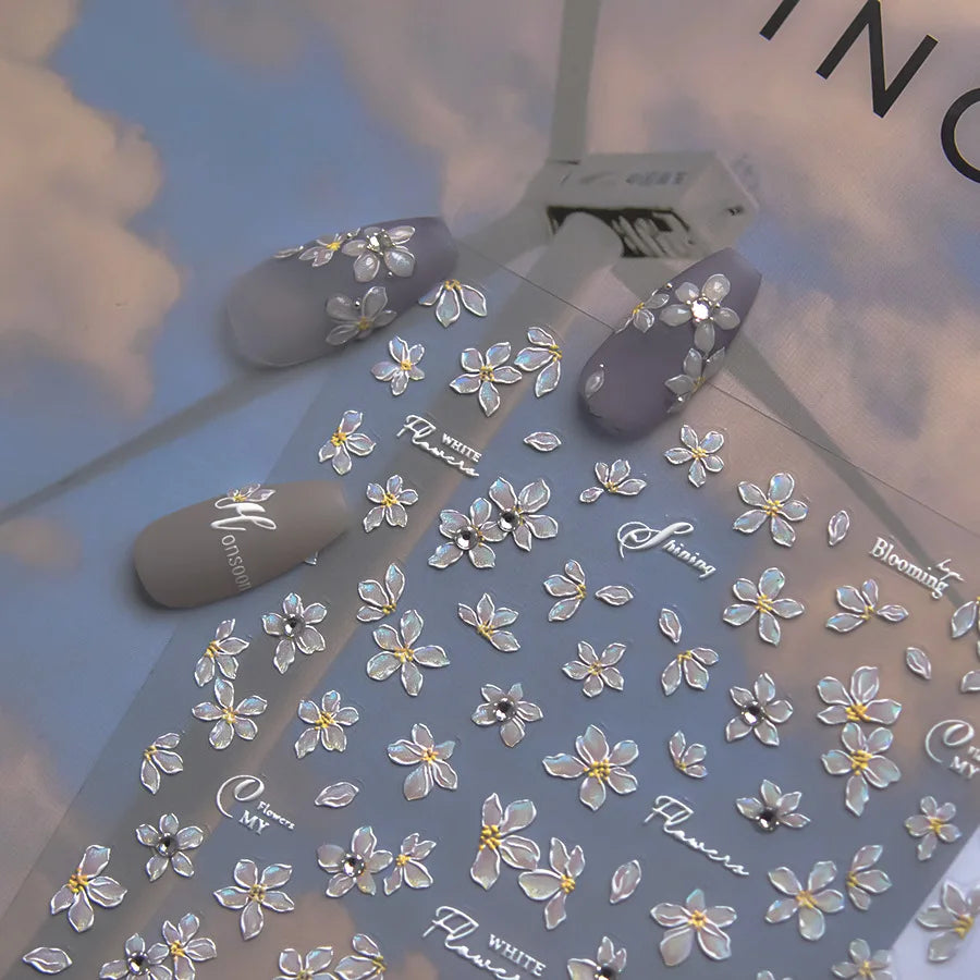 Elegant Flowers Nail Art Stickers 5D Crystal Diamond Nails Decorations Stickers Tassel White Pear Blossom DlY Autumn Nail Decals