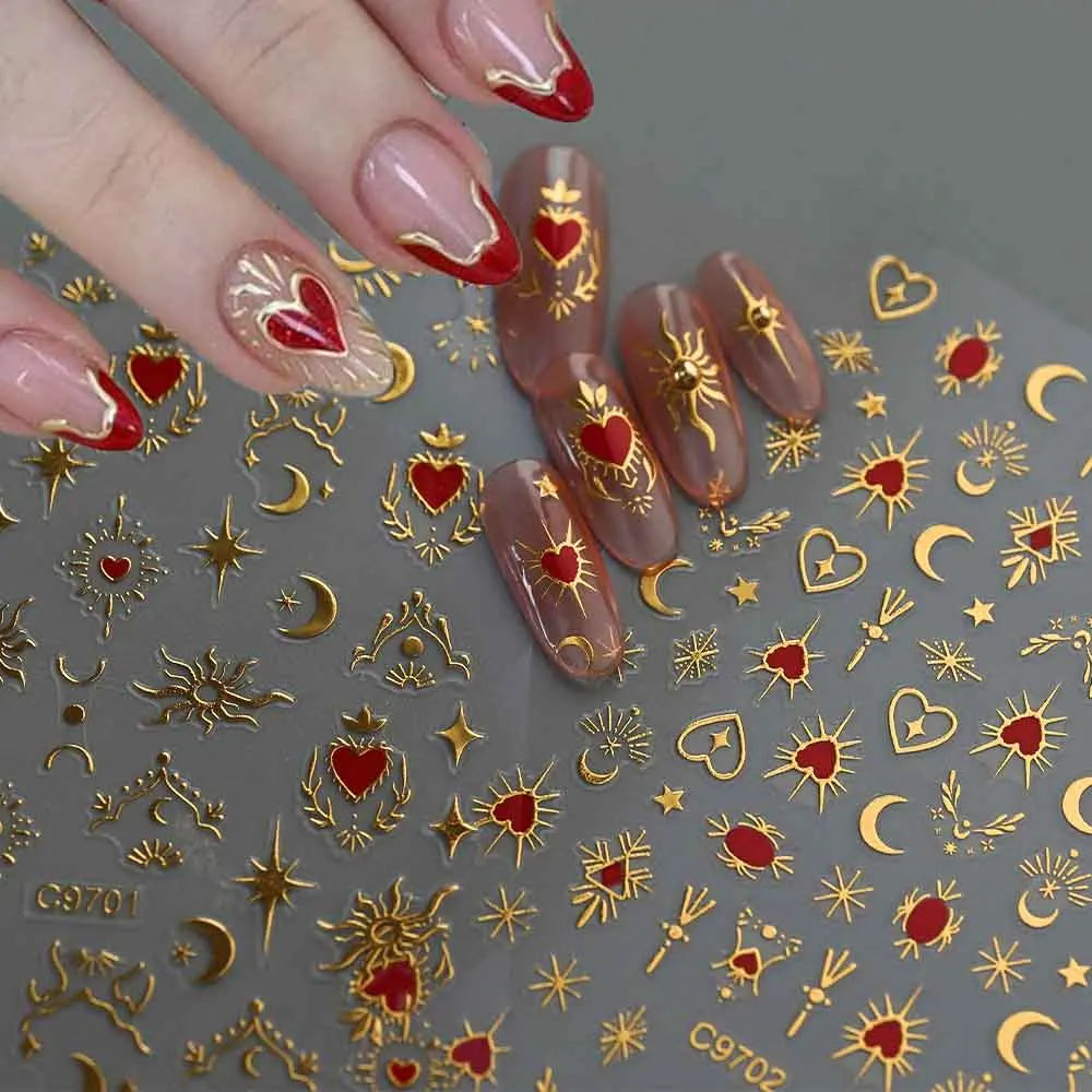 1pcs 3D Bronzing Gold Love Heart Nail Art Stickers Y2K Holographic Stars Sun Starlight DIY Nail Decals Heart Manicure Decoration