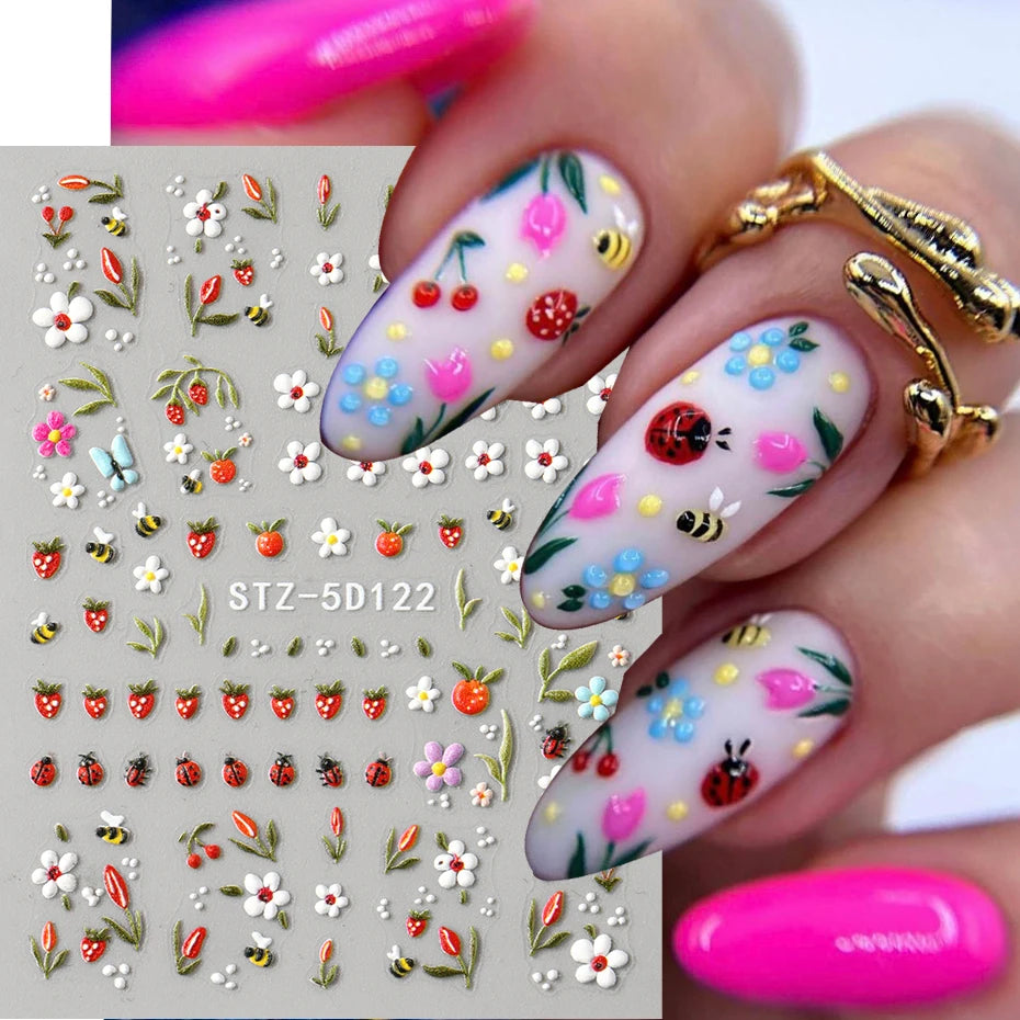 3D Embossed Kawaii Ladybug Sliders Spring White Daisy Flowers Nail Stickers DIY Simple Petals Wedding Nails Decals Accesories