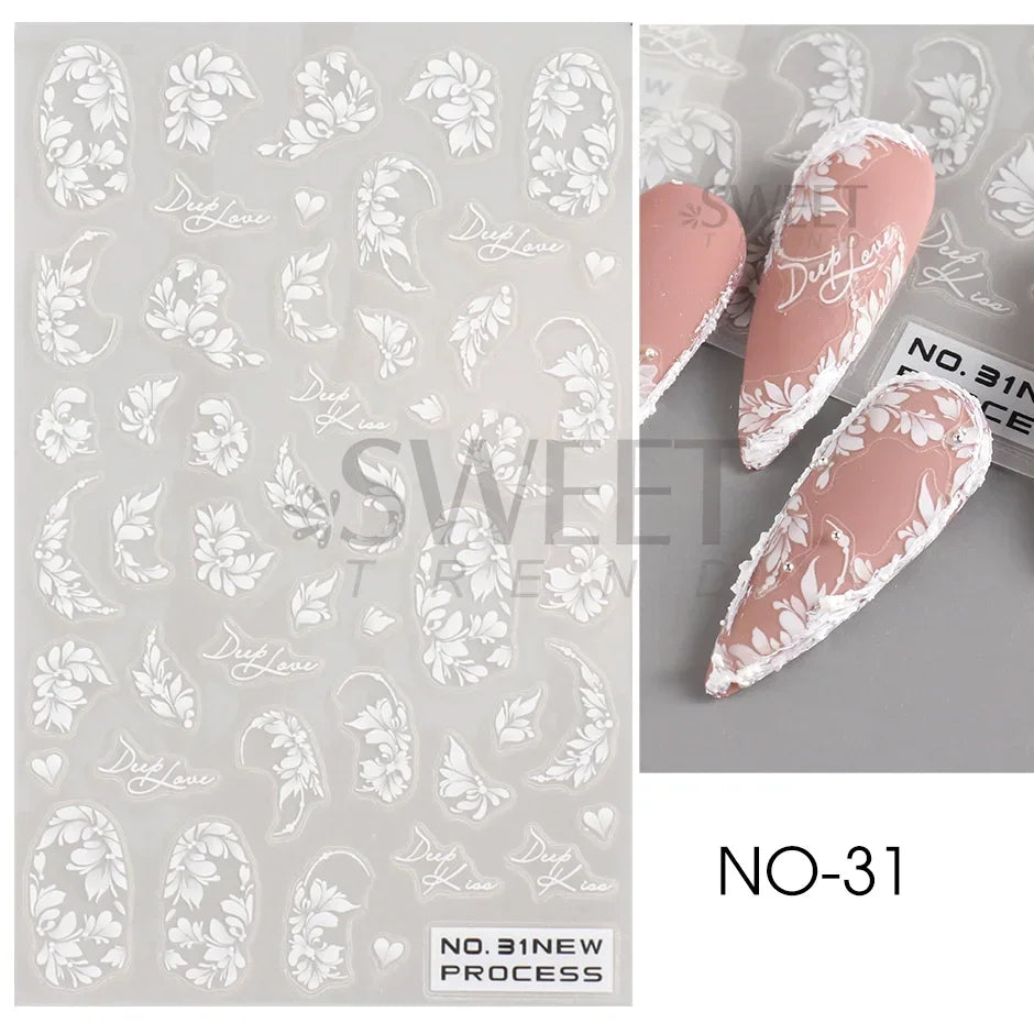 White Lace Flower Nail Art Sticker Acrylic Floral Charm Adhesive Sliders Elegant Wedding Bride Simple Line Design Manicure Decal