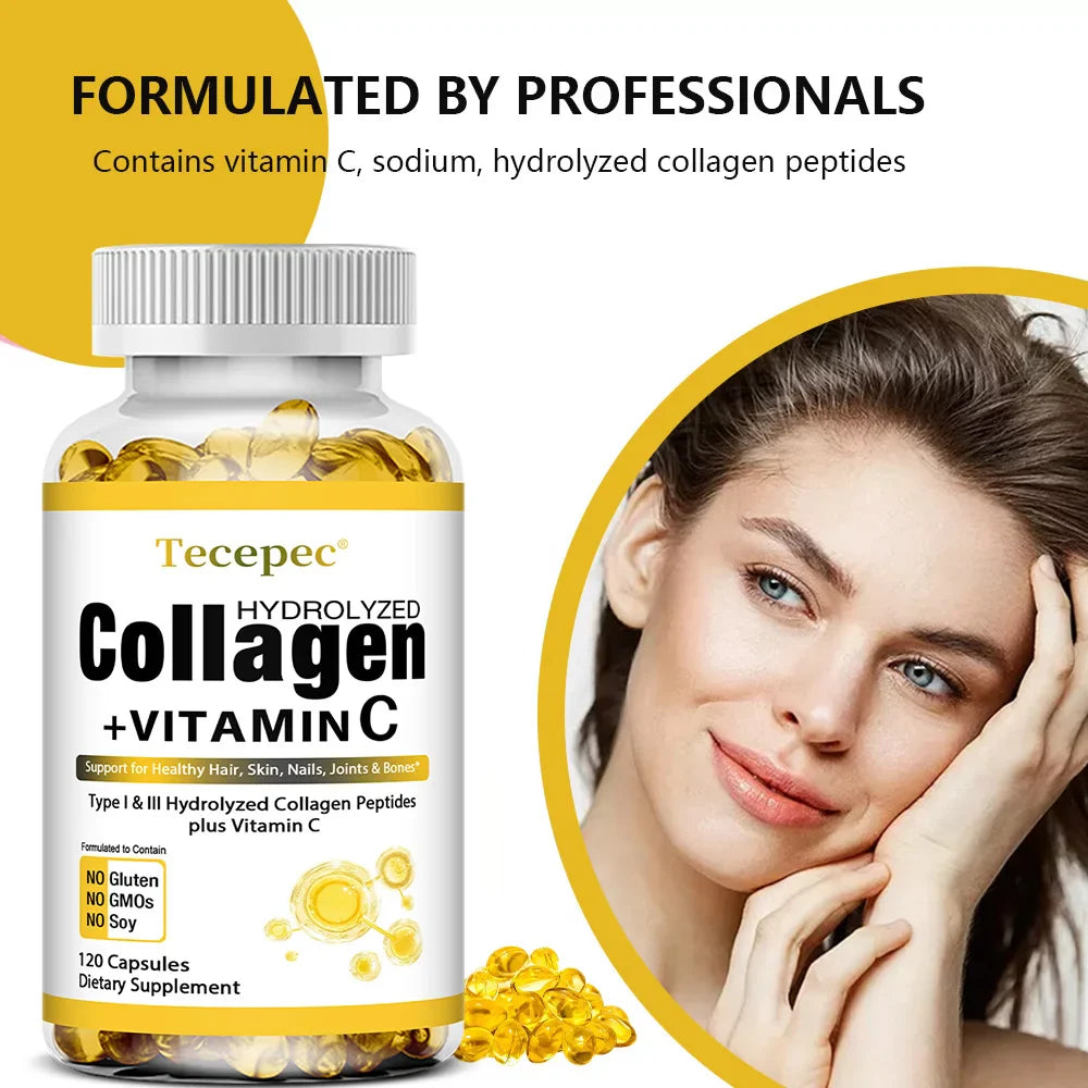 Hydrolyzed Collagen Peptides Capsules - with Vitamin C - Support for Healthy Hair, Skin, Nails, Joints & Bones,Antioxidants