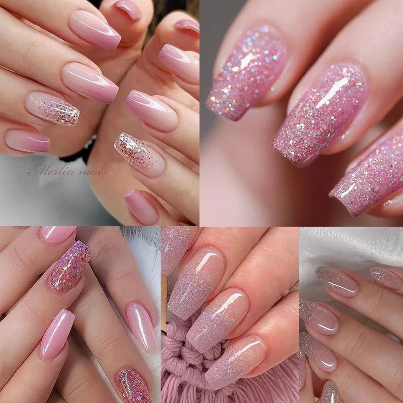 Mtssii 6PCS/Set Pink Glitter Gel Nail Polish Set Sequins Semi Permanent Base Matte Top Coat Soak Off LED UV Nail Art Gel Varnish